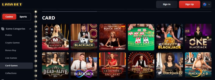 Choose from variety of card games including blackjack options