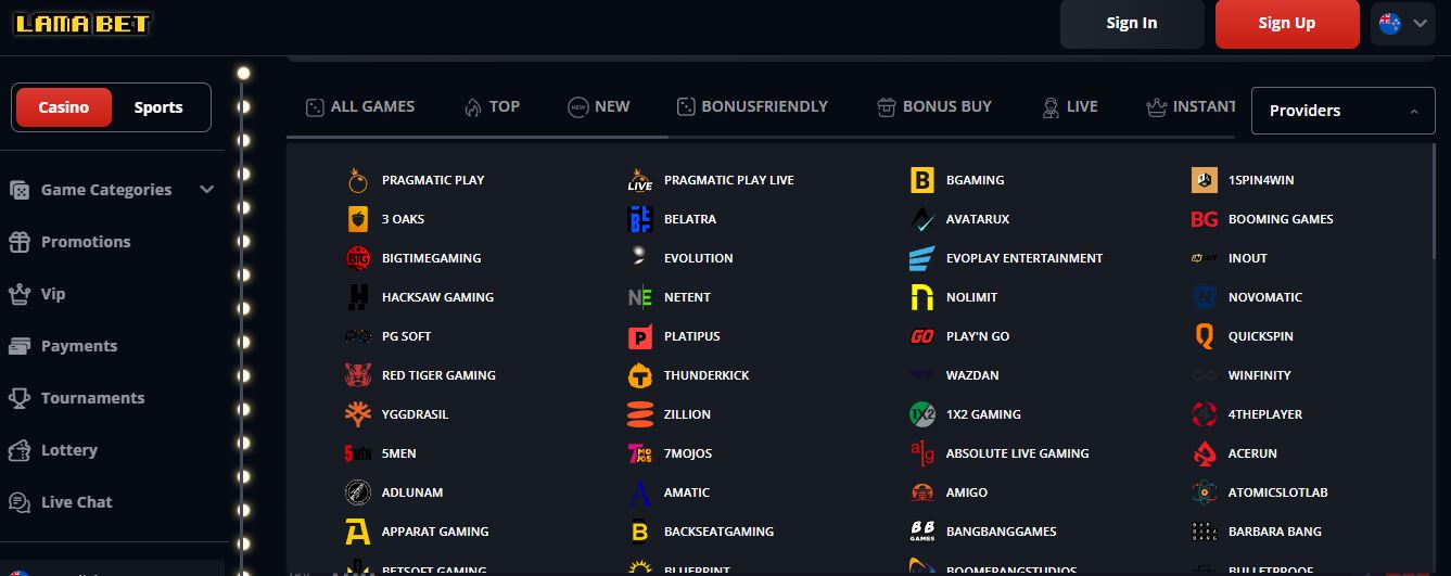 Browse through all gaming providers at Lama Bet platform